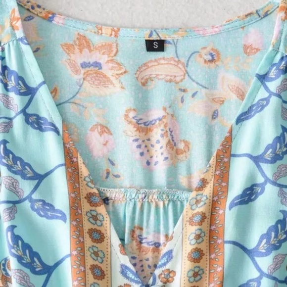 Bohemian Floral Light Blue Long Sleeve Dress - Picture 12 of 13